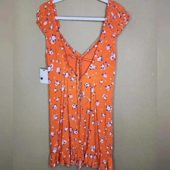 Free People Like a Lady Orange Citrus Floral Mini Dress Lace Up Back S NWT - Picture 3 of 16